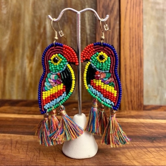 Multi Bead Sequin Parrot Tassel Dangler Earrings Red/Purple Multi - Picture 4 of 5